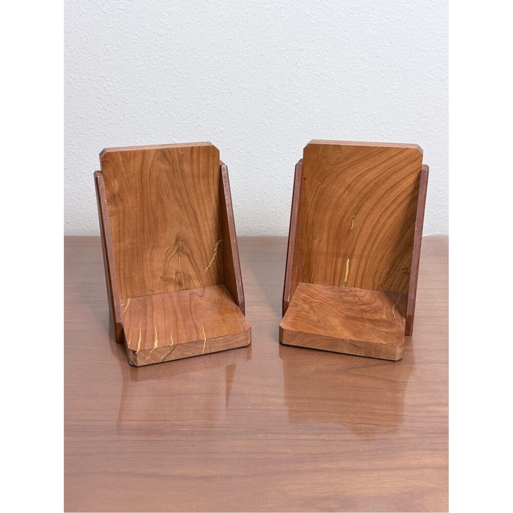 2 Vintage Solid Cherry Artisan Wood Handmade Bookends MCM